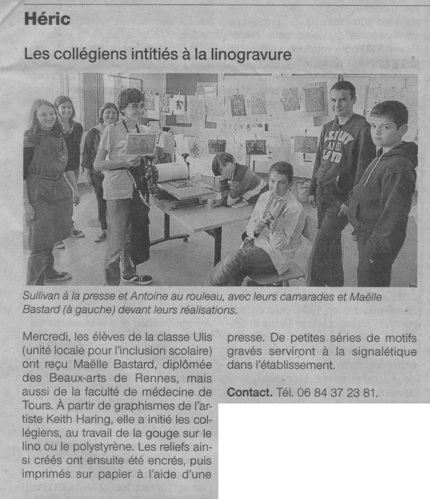 Article Ouest France "Les collégiens initiés à la linogravure".